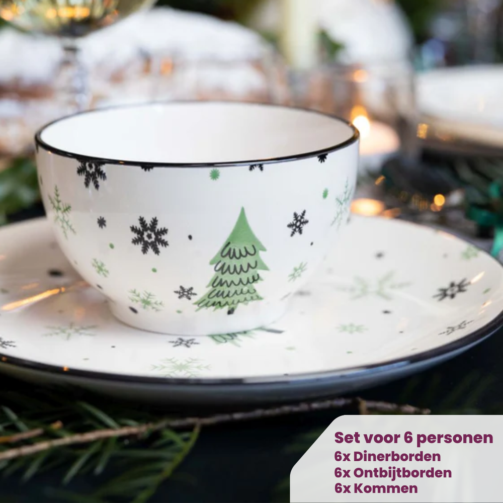 Cookinglife Serviesset - Kerstservies - Aardewerk - Groen 18-delig / 6 personen
