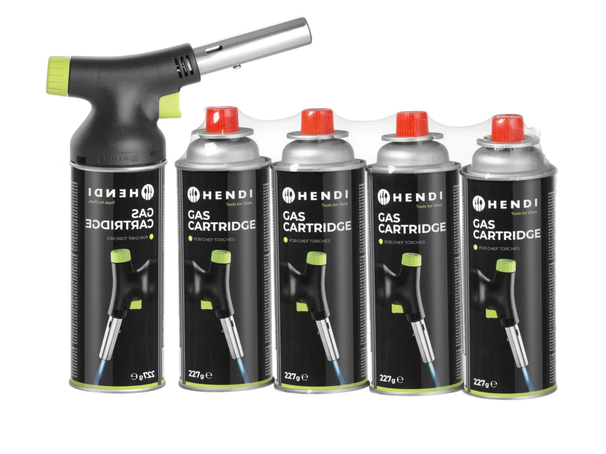 Hendi Creme Brulee Brander / Koksbrander / BBQ Aansteker - met gasbus + Extra Butaan Gas Navullingen - 4 Stuks