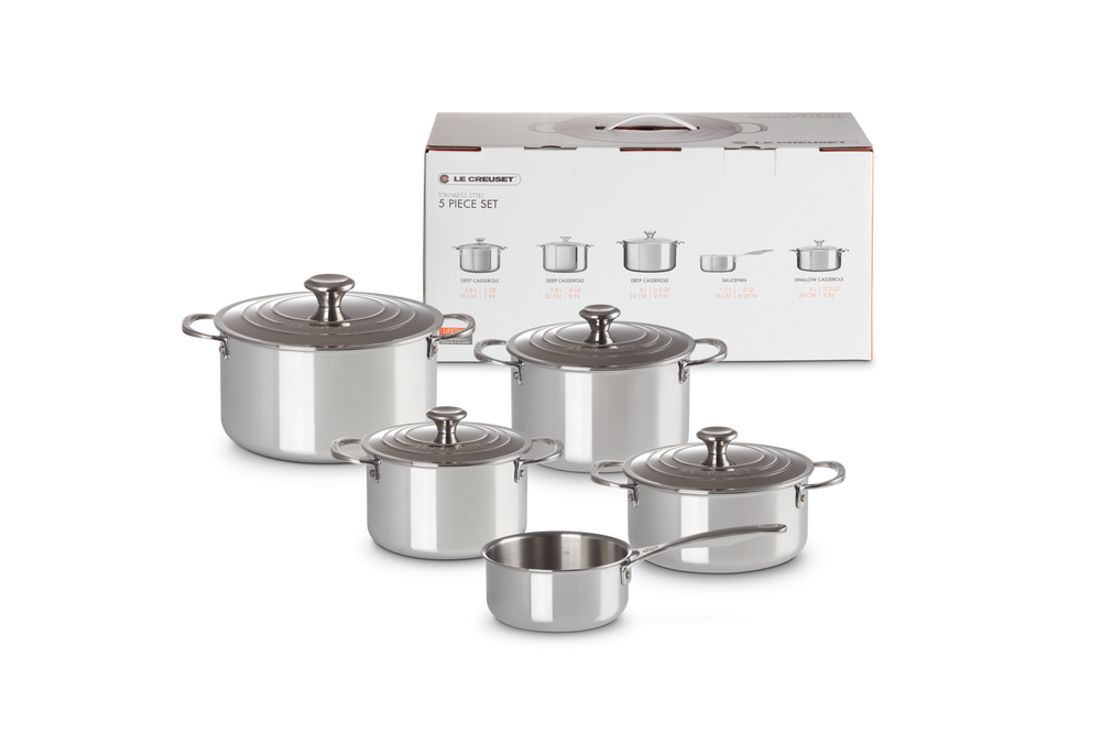 Le Creuset 5 delige Pannenset Signature - RVS -Inductie - 4 kookpannen + Steelpan - inclusief 4 deksels