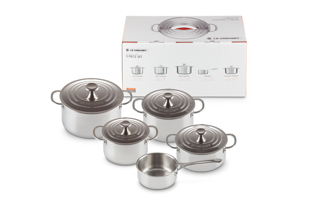 Le Creuset 5 delige Pannenset Signature - RVS -Inductie - 4 kookpannen + Steelpan - inclusief 4 deksels