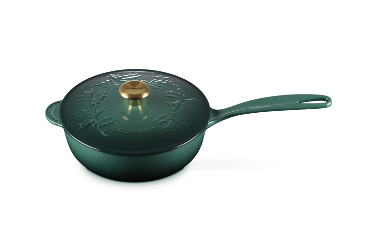 Le Creuset Sauspan Gietijzer - Goudkleurig Knop - Holly Christmas - Artichaut Groen -  ø 21 cm / 2 Liter