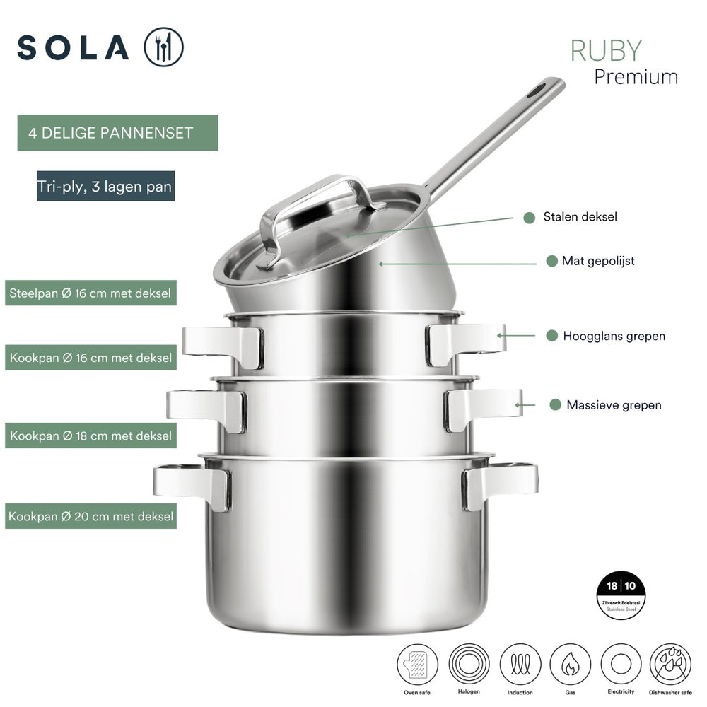 Sola Pannenset Ruby (Kookpan ø 16, 18, & 20 cm, Steelpan ø 16 cm) - Inductie geschikt - 4 Delig