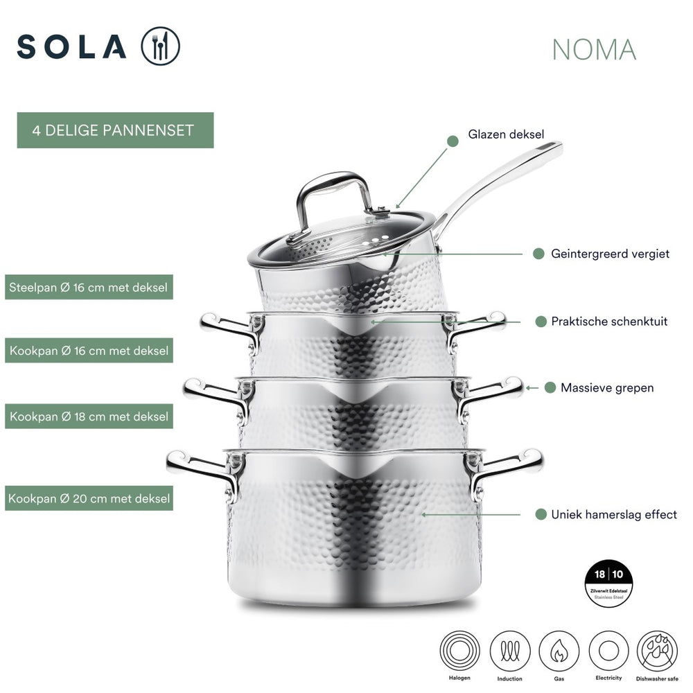 Sola Pannenset Noma (Kookpan ø 16, 18, 20 cm, Steelpan ø 16 cm) - Tri-ply - 4-delig