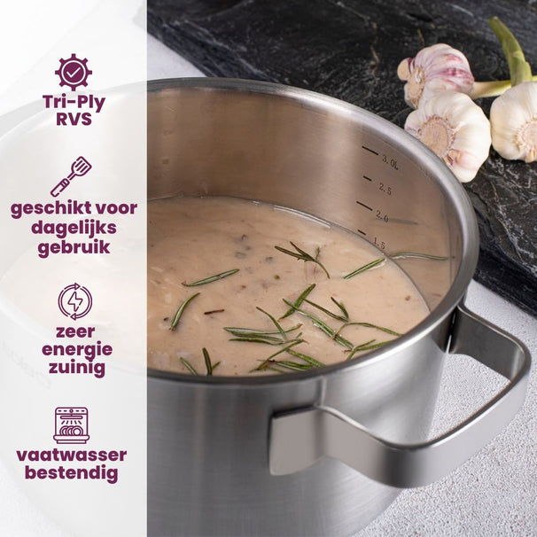 Sola Pannenset Ruby - Triply - RVS - Kookpan ø 16, 18, 20, 24 cm & Steelpan ø 16 cm - Inductie geschikt - 5 Delig