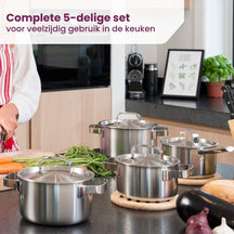 Sola Pannenset Ruby - Triply - RVS - Kookpan ø 16, 18, 20, 24 cm & Steelpan ø 16 cm - Inductie geschikt - 5 Delig