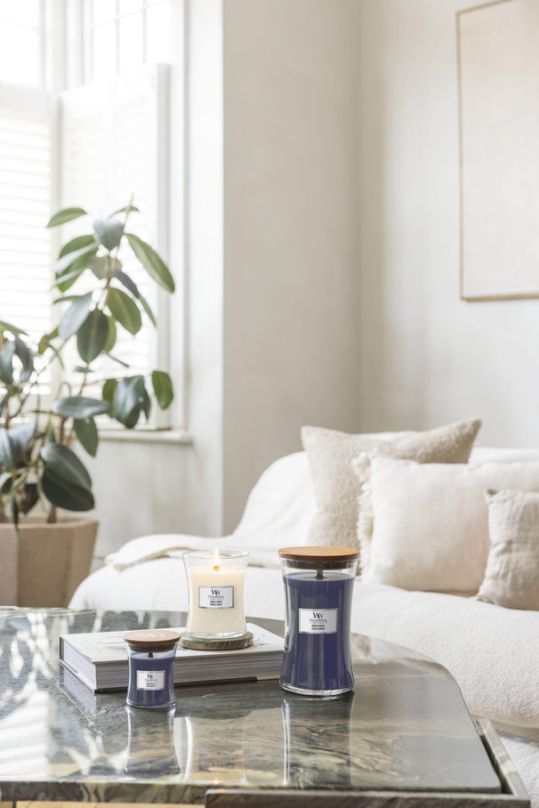 WoodWick Geurkaars Large Hinoki Dahlia - 18 cm / ø 10 cm - Geurkaars in Glas - Houten Lont