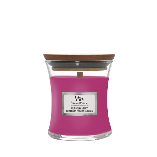 WoodWick Geurkaars Mini Wild Berry & Beets - 8 cm / ø 7 cm - Geurkaars in Glas - Houten Lont