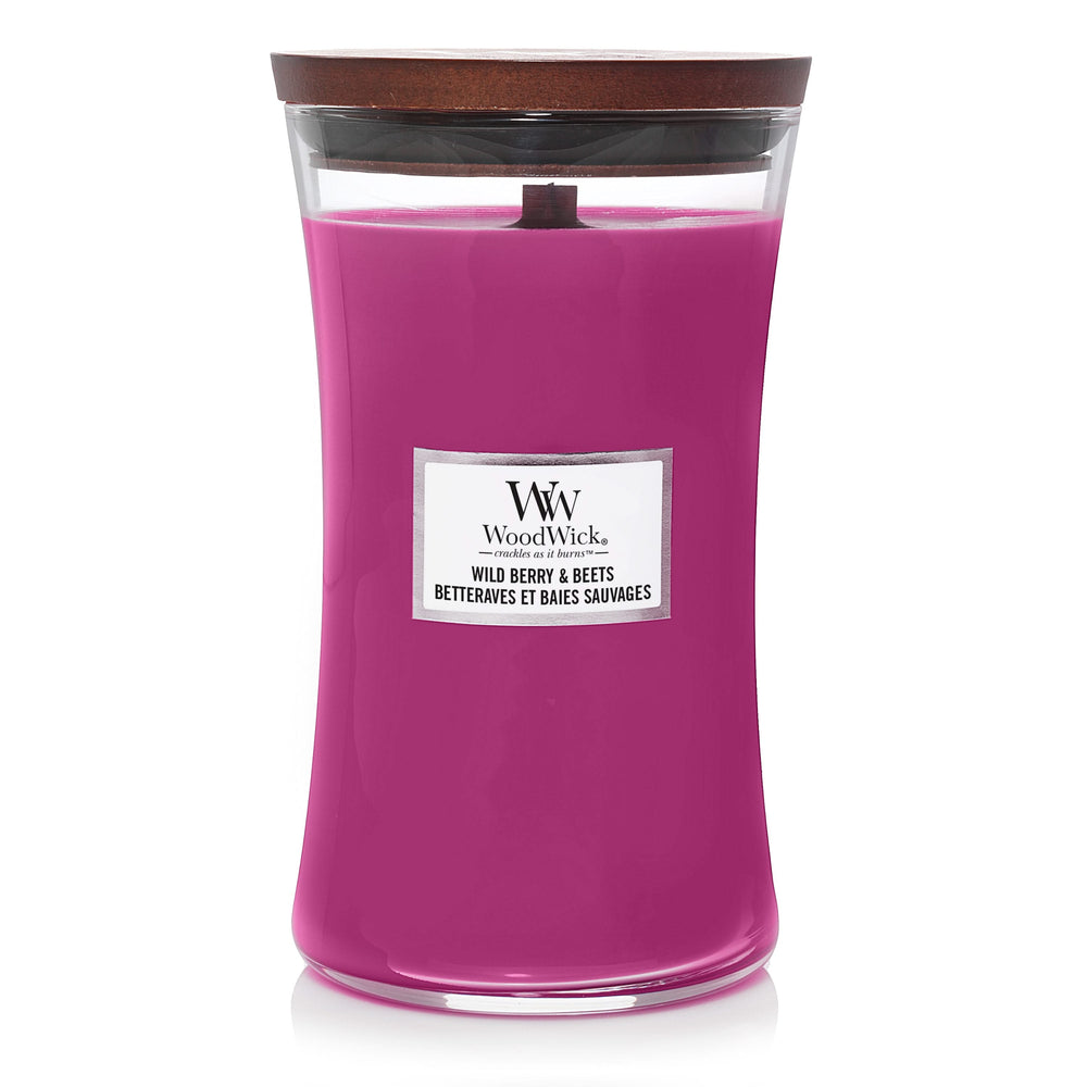 WoodWick Geurkaars Large Wild Berry & Beets - 18 cm / ø 10 cm - Geurkaars in Glas - Houten Lont