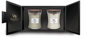 WoodWick Giftset Geurkaars Medium Fireside & Linen - 2 Stuks - Geurkaars in Glas - Houten Lont