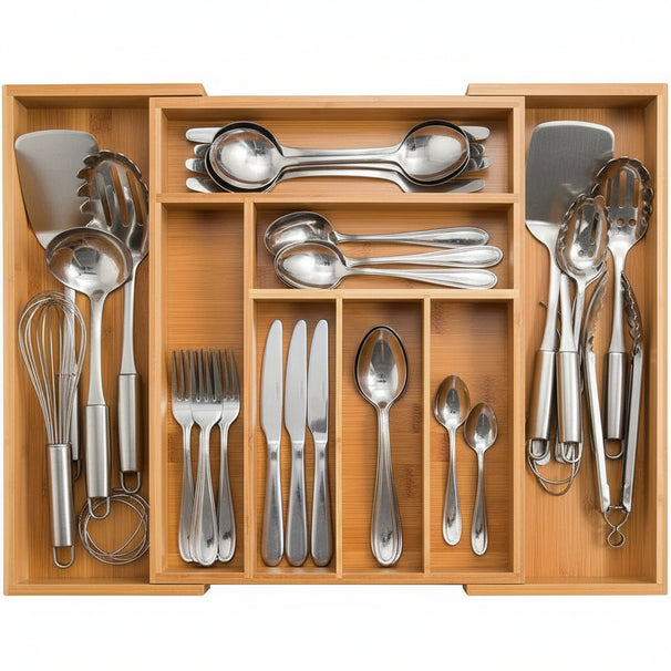 Cookinglife Bestekbak - Bamboe - uitschuifbaar - 28x34x5cm of 45x34x5cm