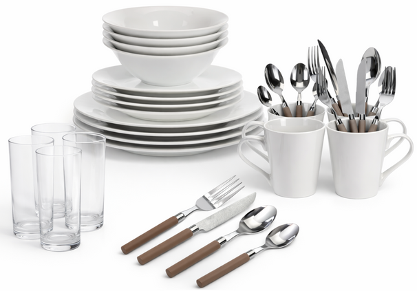 Cookinglife Serviesset Compleet 36-delig / 4 personen - Inclusief Bestek en Waterglazen - Porselein - Wit