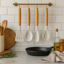 Cookinglife Keukengerei set - Kookgerei set - hout beige 4 delig - Bakspaan, opscheplepel, saladelepel & spaghettilepel