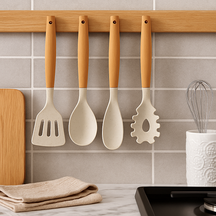 Cookinglife Keukengerei set - Kookgerei set - hout beige 4 delig - Bakspaan, opscheplepel, saladelepel & spaghettilepel