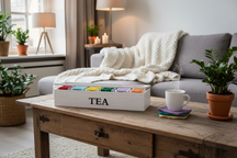 Cookinglife Theedoos - Theekist - Hout Wit - 6 vakken - met Glazen Deksel - 43 x 9 x 9 cm