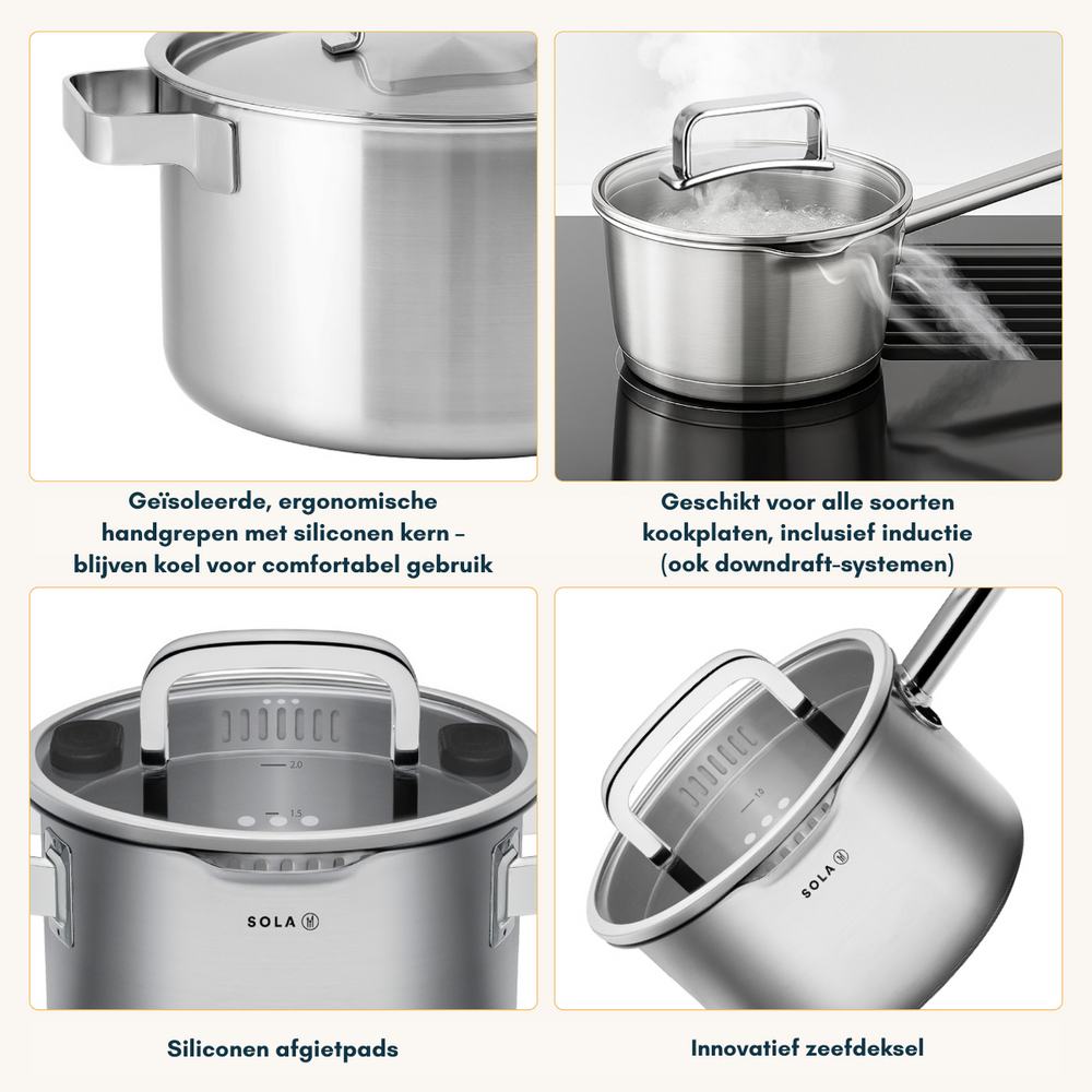 Sola Pannenset Juvia - RVS - Kookpan ø 16, 18, 20, 24 cm & Steelpan ø 16 cm - Inductie & Downdraft geschikt - 5 Delig