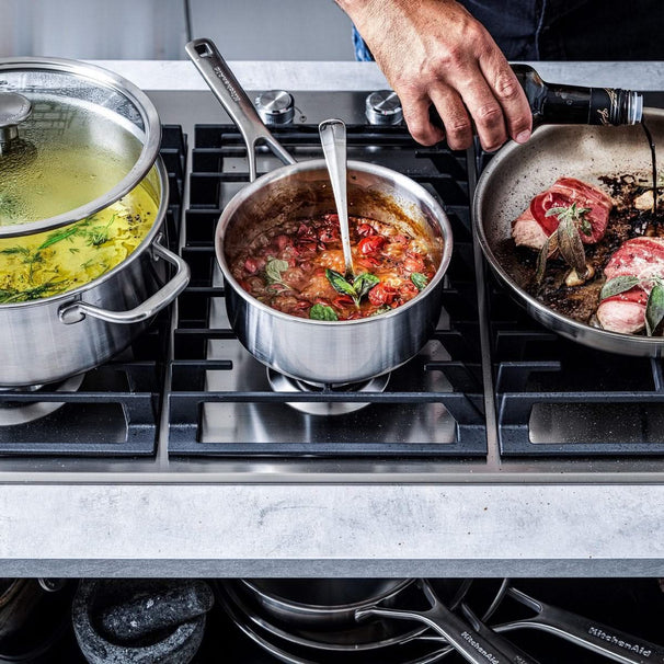 KitchenAid Pannenset Multi-Ply Stainless Steel 4-delig - RVS - Kookpan ø 20, 24 cm, Steelpan ø 16 cm & Koekenpan ø 24 cm